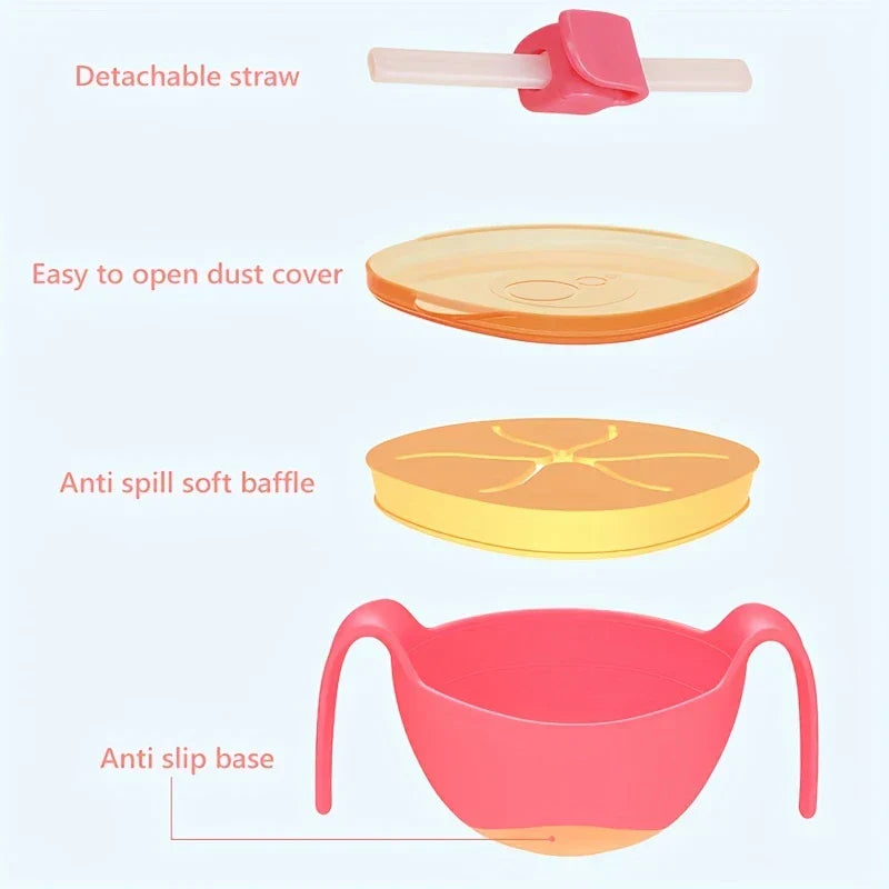 3-In-1 Spill Proof Baby Snack Bowl With Straw Lid
